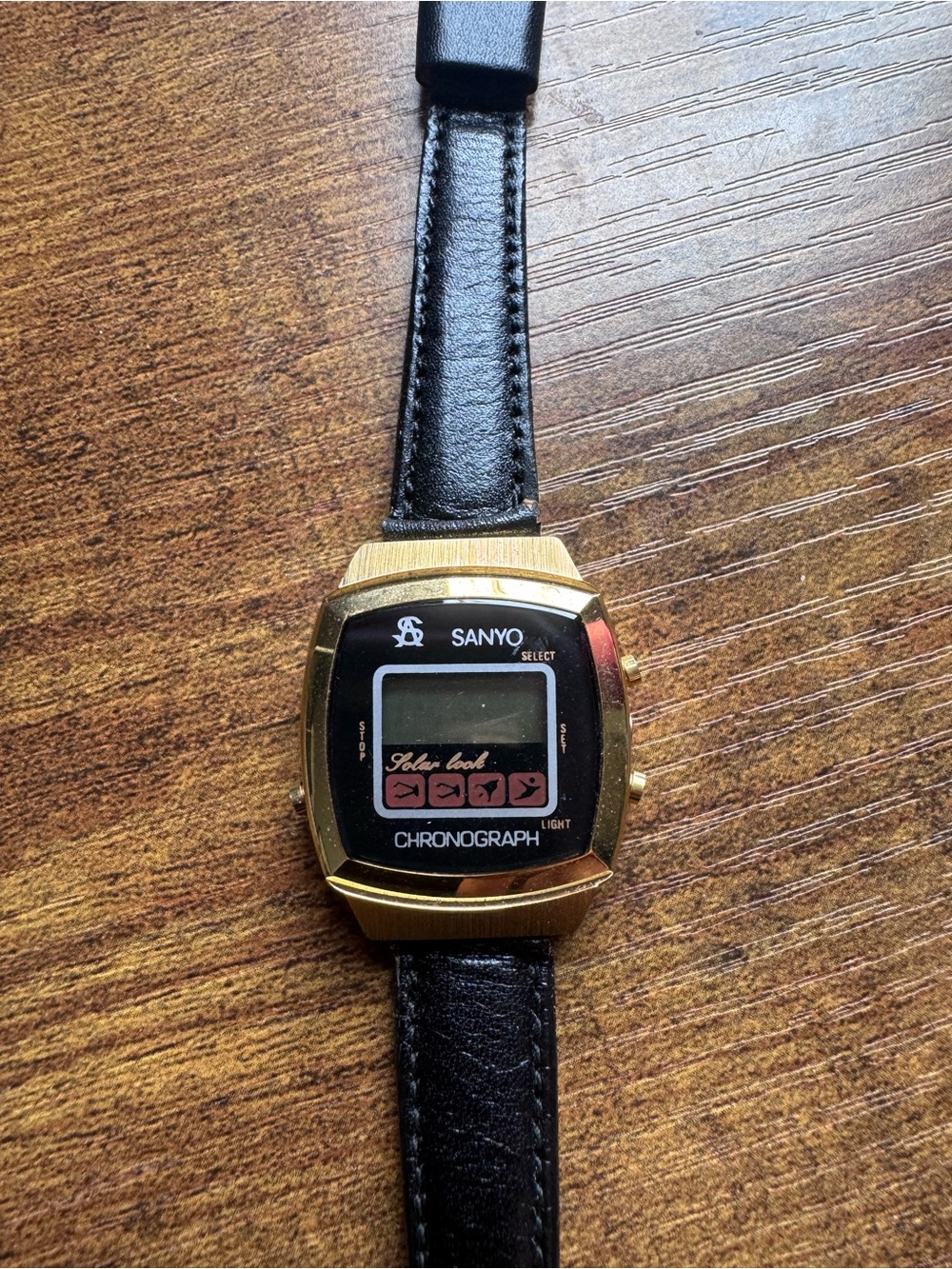 Vintage Sanyo Chronograph Digital Watch with Black Leather Strap